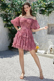 Beautiful A Line Off the Shoulder Fuchsia Tulle Short Formal Dress with Short Sleeves