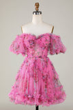 Beautiful A Line Off the Shoulder Dusty Rose Tulle Short Formal Dress with Short Sleeves