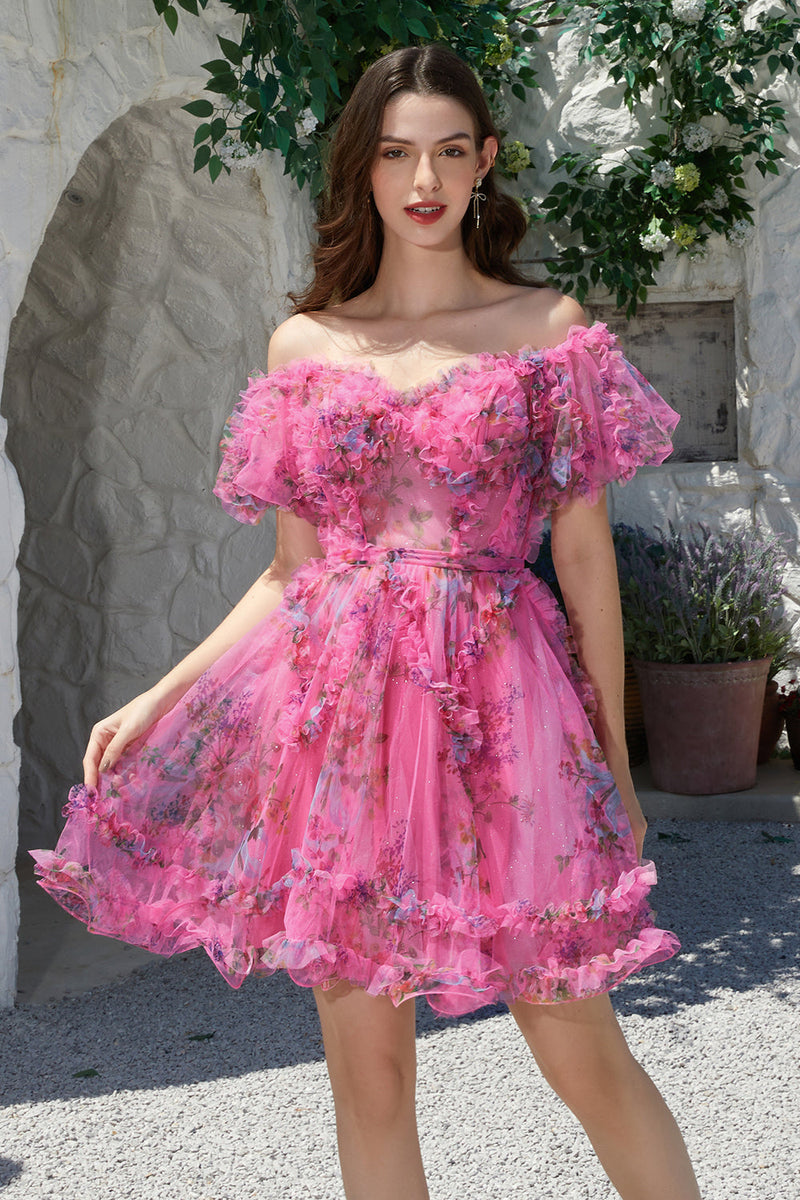 Load image into Gallery viewer, Beautiful A Line Off the Shoulder Fuchsia Tulle Short Formal Dress with Short Sleeves