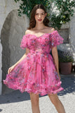 Beautiful A Line Off the Shoulder Fuchsia Tulle Short Formal Dress with Short Sleeves