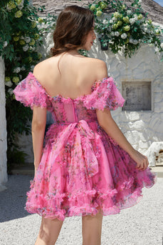 Beautiful A Line Off the Shoulder Fuchsia Tulle Short Formal Dress with Short Sleeves