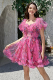 Beautiful A Line Off the Shoulder Fuchsia Tulle Short Formal Dress with Short Sleeves