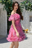 Beautiful A Line Off the Shoulder Fuchsia Tulle Short Formal Dress with Short Sleeves