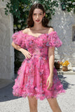 Beautiful A Line Off the Shoulder Fuchsia Tulle Short Formal Dress with Short Sleeves