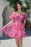 Beautiful A Line Off the Shoulder Fuchsia Tulle Short Formal Dress with Short Sleeves