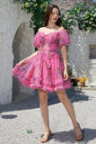 Beautiful A Line Off the Shoulder Dusty Rose Tulle Short Formal Dress with Short Sleeves