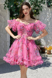 Stylish A Line Off the Shoulder Dusty Rose Tulle Short Formal Dress with Short Sleeves