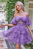 Stylish A Line Off the Shoulder Black Tulle Short Cocktail Dress with Short Sleeves