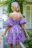 Stylish A Line Off the Shoulder Dusty Rose Tulle Short Formal Dress with Short Sleeves