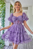Stylish A Line Off the Shoulder Dusty Rose Tulle Short Formal Dress with Short Sleeves