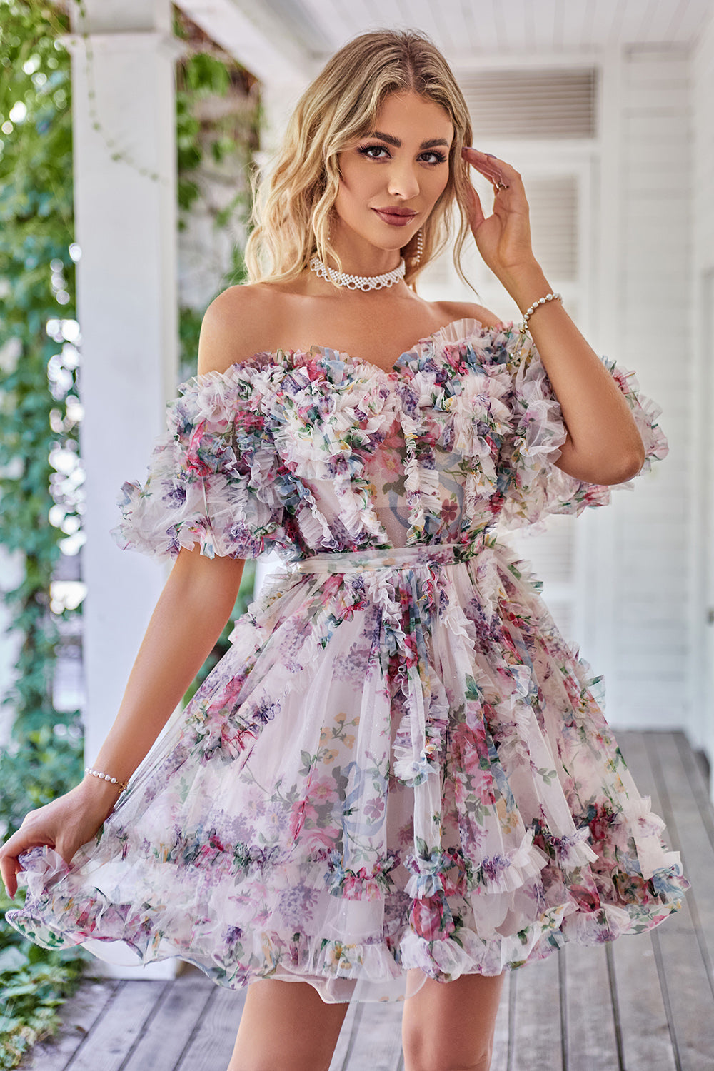 Stylish A Line Off the Shoulder Black Tulle Short Cocktail Dress with Short Sleeves