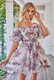 Stylish A Line Off the Shoulder Black Tulle Short Cocktail Dress with Short Sleeves