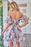 Stylish A Line Off the Shoulder Black Tulle Short Cocktail Dress with Short Sleeves