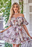 Off the Shoulder A Line Printed Cute Short Formal Dress