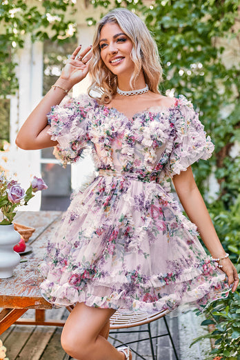 Stylish A Line Off the Shoulder Dusty Rose Tulle Short Formal Dress with Short Sleeves