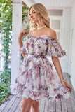 A Line Off the Shoulder Ivory Red Flower Printed Cute Short Formal Dress