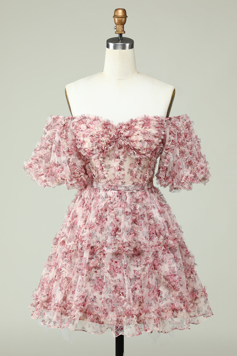 Off the Shoulder Short Formal Dress with Floral Print
