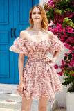 Stylish A Line Off the Shoulder Black Tulle Short Cocktail Dress with Short Sleeves
