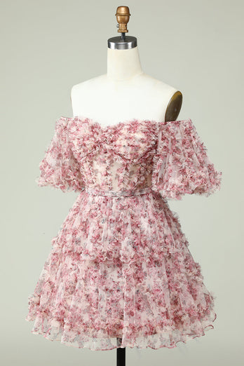 Off the Shoulder Short Formal Dress with Floral Print