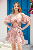 Stylish A Line Off the Shoulder Dusty Rose Tulle Short Formal Dress with Short Sleeves