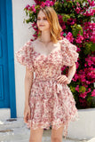 A Line Off the Shoulder Ivory Red Flower Printed Cute Short Formal Dress
