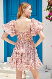 Stylish A Line Off the Shoulder Dusty Rose Tulle Short Formal Dress with Short Sleeves