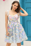 Blue Corset A-Line Short Formal Dress with 3D Flowers