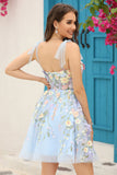 Blue Corset A-Line Short Formal Dress with 3D Flowers