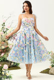 Cute A Line Spaghetti Straps Blue Tea Length Formal Dress with 3D Flowers