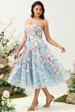 Cute A Line Spaghetti Straps Blue Tea Length Formal Dress with 3D Flowers