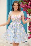 Blue Corset A-Line Short Formal Dress with 3D Flowers