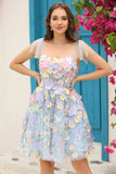 Blue Corset A-Line Short Formal Dress with 3D Flowers