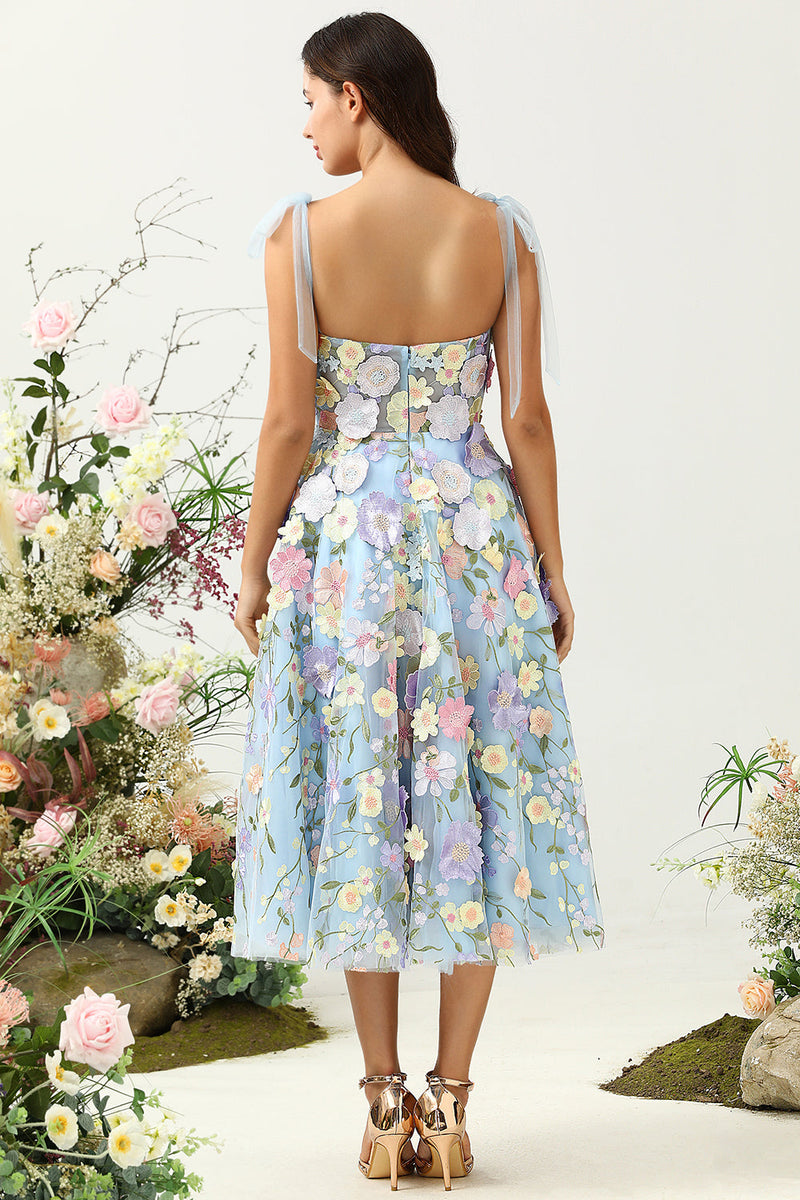 Load image into Gallery viewer, Cute A Line Spaghetti Straps Blue Tea Length Formal Dress with 3D Flowers