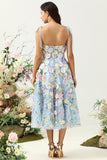 Cute A Line Spaghetti Straps Blue Tea Length Formal Dress with 3D Flowers