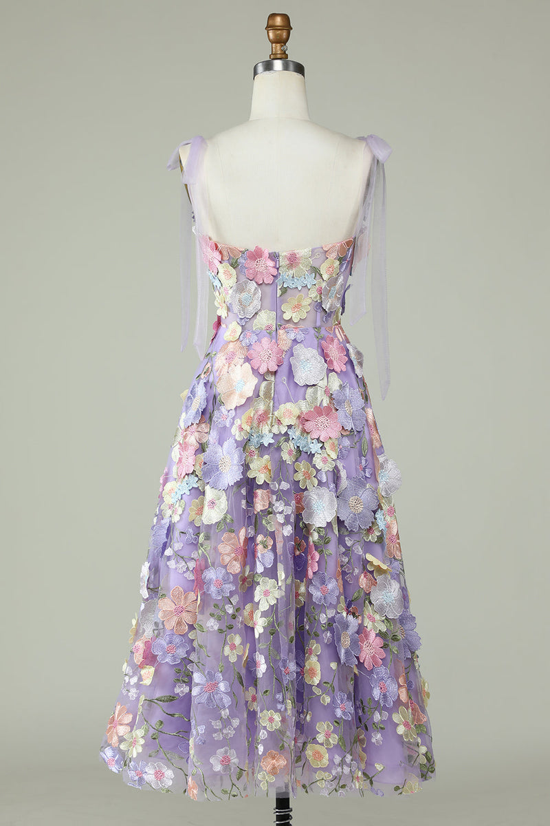 Load image into Gallery viewer, A Line Spaghetti Straps Purple Tea Length Formal Dress with 3D Flowers