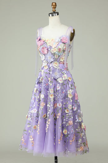 A Line Spaghetti Straps Purple Tea Length Formal Dress with 3D Flowers