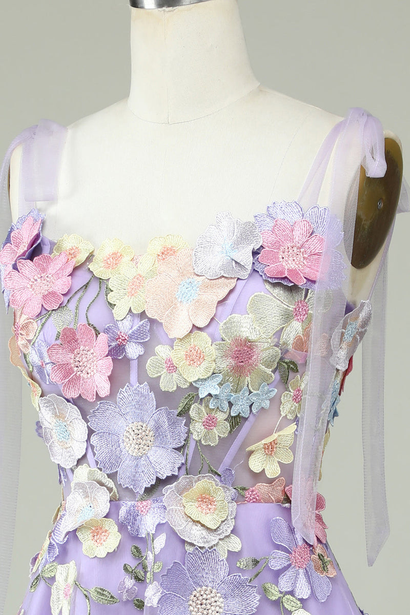 Load image into Gallery viewer, A Line Spaghetti Straps Purple Tea Length Formal Dress with 3D Flowers
