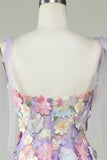 A Line Spaghetti Straps Purple Tea Length Formal Dress with 3D Flowers