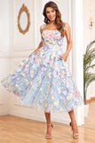 A Line Spaghetti Straps Purple Tea Length Formal Dress with 3D Flowers