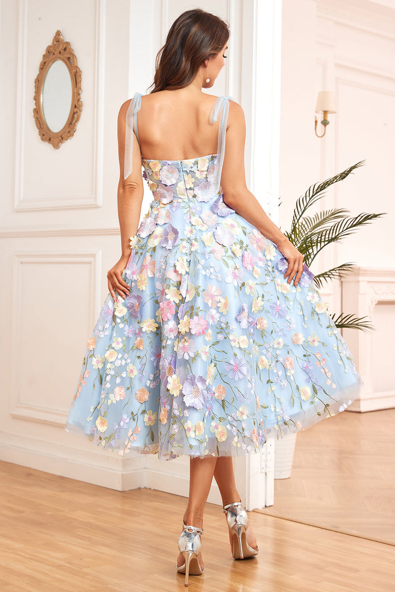 Load image into Gallery viewer, A Line Spaghetti Straps Blue Tea Length Formal Dress with 3D Flowers