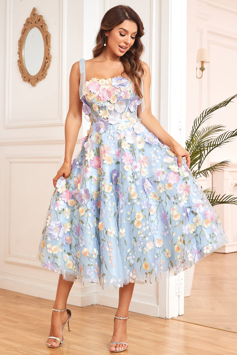 Load image into Gallery viewer, A Line Spaghetti Straps Blue Tea Length Formal Dress with 3D Flowers