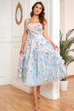 A Line Spaghetti Straps Blue Tea Length Formal Dress with 3D Flowers