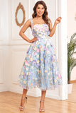 A Line Spaghetti Straps Blue Tea Length Formal Dress with 3D Flowers