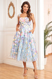 A Line Spaghetti Straps Blue Tea Length Formal Dress with 3D Flowers