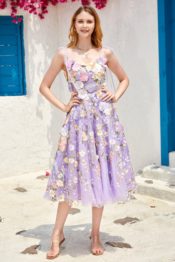 Purple A Line Tea Length Formal Dress with 3D Flowers