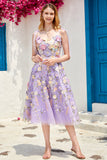 Purple A Line Tea Length Formal Dress with 3D Flowers