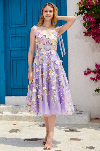 Purple A Line Tea Length Formal Dress with 3D Flowers