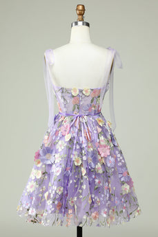 A Line Spaghetti Straps Purple Corset Short Formal Dress with 3D Flowers