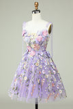 A Line Spaghetti Straps Purple Corset Short Formal Dress with 3D Flowers