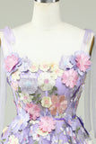 A Line Spaghetti Straps Purple Corset Short Formal Dress with 3D Flowers